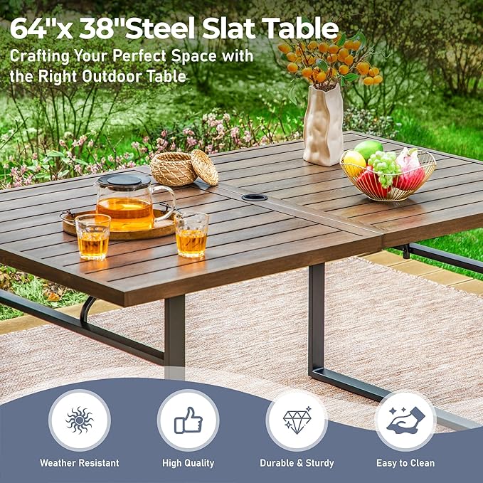 7 Piece Patio Dining Set for 6, 64” Rectangular Wood-Like Steel Dining Table with Umbrella Hole, 6 x Blue Chairs, Outdoor Table and Chairs Set for Lawn Backyard and Deck