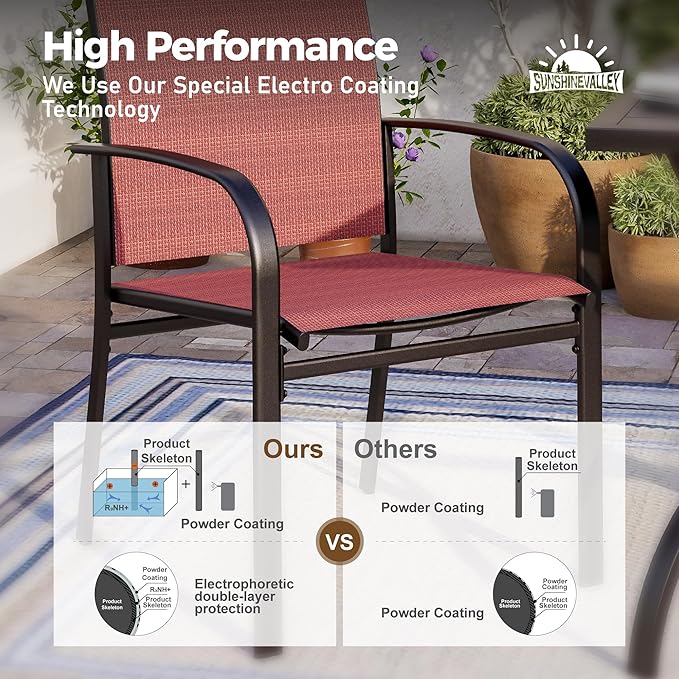7 Piece Patio Dining Set for 6, Rectangular Metal Dining Table with Umbrella Hole and 6 Chairs, Outdoor Table and Chairs Set for Lawn Backyard and Deck, Red