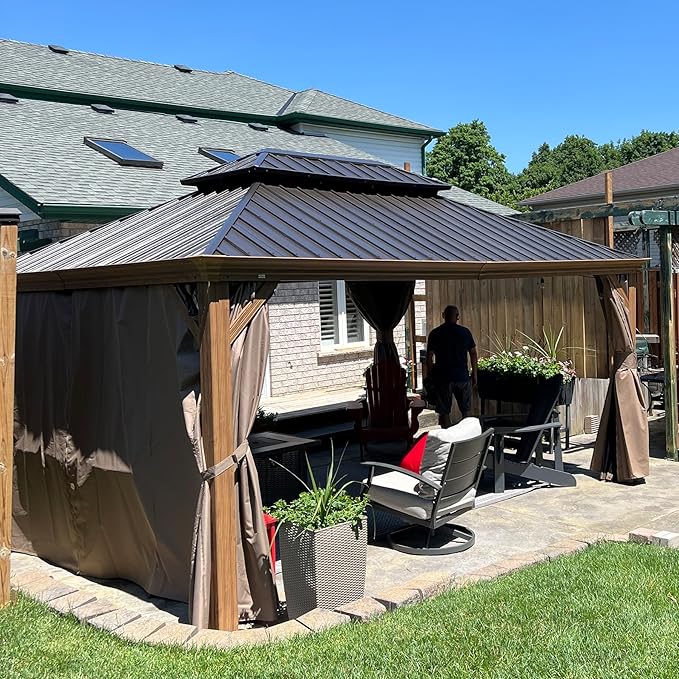 Domi Outdoor Living 12’x16’ Hardtop Gazebo, Wooden Coated Aluminum Frame Canopy with Galvanized Steel Double Roof, Outdoor Permanent Metal Pavilion with Curtains and Netting for Patio, Deck and Lawn