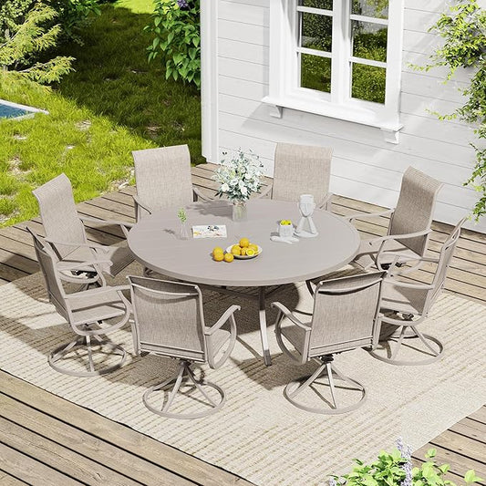 VICLLAX 9 Pieces Outdoor Dining Set, Patio Furniture Set of 8 Patio Swivel Dining Chairs and 60" Patio Round Table, Sandshell Chairs & Sandshell Tabletop
