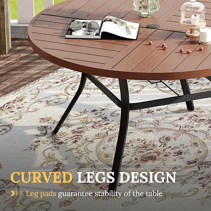 VICLLAX 7 Pieces Patio Dining Set for 6, Outdoor Furniture Set Includes 53" Outdoor Round Table and 6 Patio Swivel Chairs for Lawn Garden, Walnut Tabletop and Mixed Brown Fabric