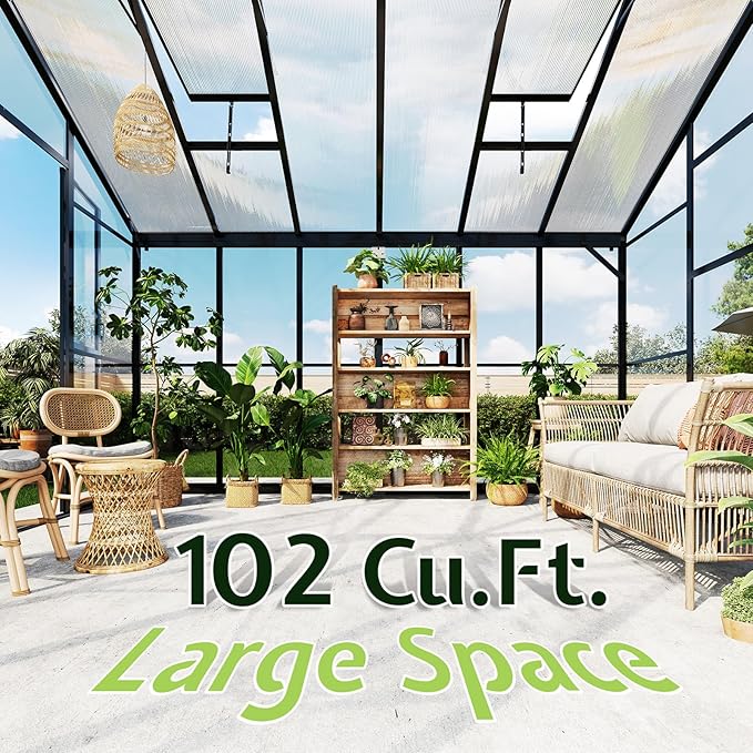 AMERLIFE 12x10x8 FT Hybrid Polycarbonate Greenhouse, Quick-Connect Aluminum Frame, Dual Roof Vents & Double Doors, Walk-in Backyard Greenhouse with Gutters, Black