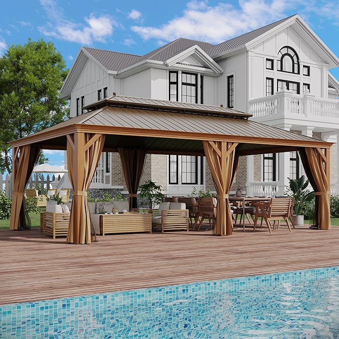 14' X 22' Hardtop Gazebo, Aluminum Wood-Looking Frame Outdoor Permanent Galvanized Steel Double Roof Pavilion Pergola Canopy with Privacy Curtains for Garden, Patio, Backyard, Deck and Lawns.