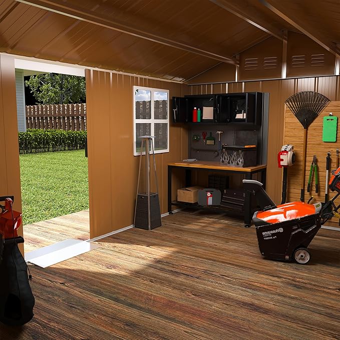 12x8 FT Outdoor Steel Storage Shed with Clear Windows, Sliding Lockable Door & Ventilation, Brown and White Weather-Resistant Metal Tool Shed for Garden, Backyard, Lawn, and Utility Storage