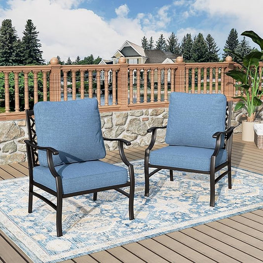 Patio Chairs Set of 2, High Back Outdoor Patio Metal Leg Chairs with 5.75" Thick Cushions for Bistro Balcony Porch Deck and Yard, Navy Blue