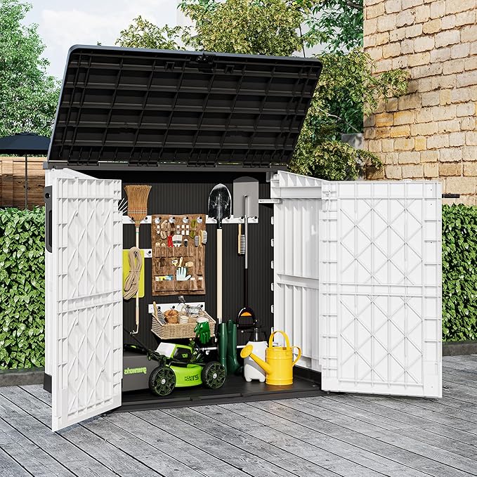 LHBcraft Outdoor Storage Cabinet 36 Cu Ft with Lockable Doors, Portable Horizontal Resin Storage Shed - Easy to Assemble, Waterproof Small Storage Shed with Floor