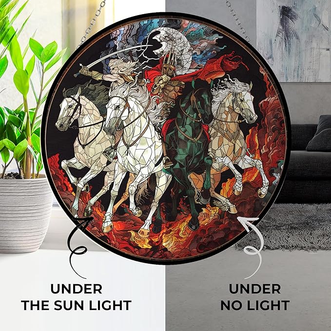 Four Horsemen of The Apocalypse Suncatchers for Windows,6.3” Stained Glass Window Hangings,Hand-Painted Glass Panel Perfect for Home Décor
