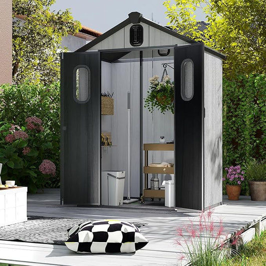 Domi 5×3ft Outdoor Resin Storage Shed - 95+ Cubic Ft Weatherproof Double-Wall Yard Shed with Skylight, Lockable Door and Carpet, Heavy-Duty Steel Frame Storage Building for Lawn Mower, Bike, Tools