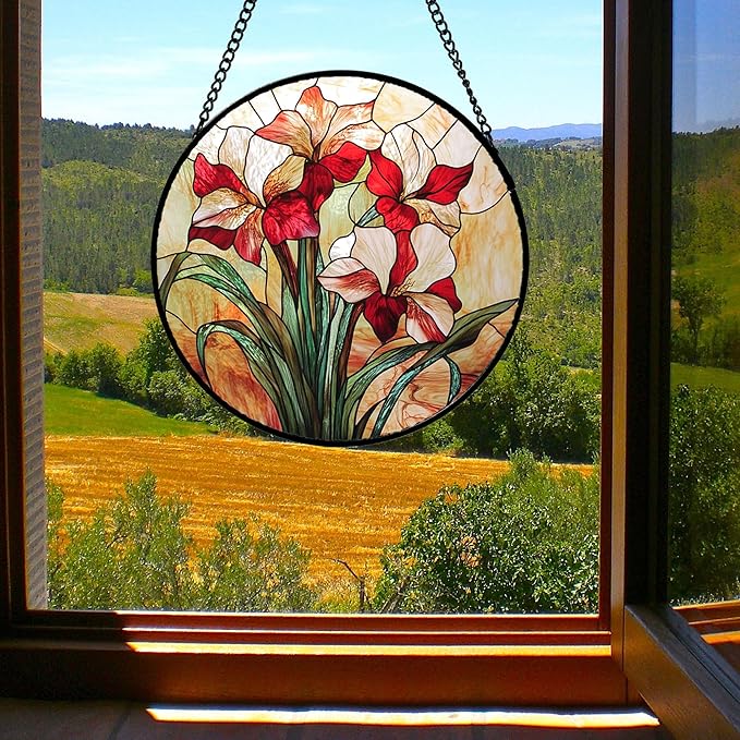 Stained Glass Window Hanging - Red Gladiolus Flower Suncatcher for Door Yard Sun Catchers Decor Christmas Mother's Day Birthday Gifts for Lovers Women Mom Nana Girlfriend Wife 11.8 in