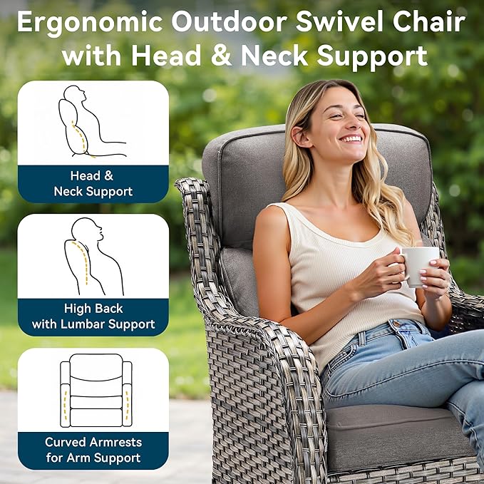 Luxury High Back Outdoor Swivel Rocker Patio Chairs with Side Table & 6-Inch Thick Cushions, 2 Pieces Patio Furniture Set for Porch, Balcony, Deck and Yard
