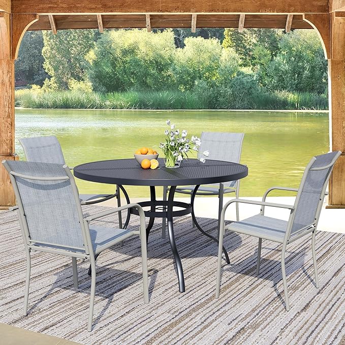 5 Pieces Round Dining Table Set for 4, Patio Dining Set Includes 4 Beige Blue Stackable Patio Chairs and 1 Black Mesh Round Table, Patio Furniture Sets with Sling Support for Outside, Garden