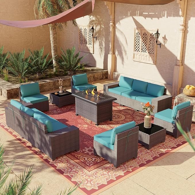 Outdoor Patio Furniture Set with Propane Fire Pit Table, 13 Pieces Outdoor Furniture Patio Sectional Sofa Conversation Sets w/ETL Approved 43" Gas Outdoor Fire Table & Coffee Table Blue.