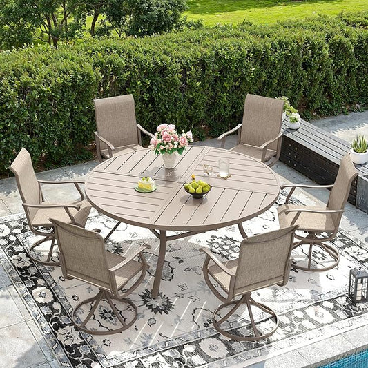 DIFY 7 Pieces Outdoor Patio Dining Set, 6 Sandshell Textilene Swivel Dining Chairs and 53.1" Sandshell Round Metal Dining Table, Outdoor Table and Chairs
