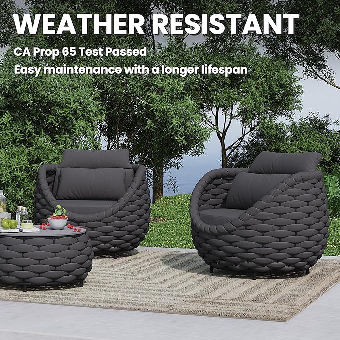 4 PCS Front Porch Accent Chair: Aluminum Woven Rope Armchair Assembled - Cushioned Patio Single Chair w/Arms Modern - All Weather Balcony Furniture for 400lbs Outdoor Yard Deck Hotel, Dark Gray