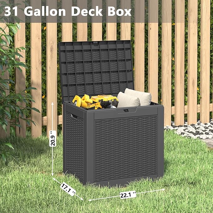 31 Gallon Storage Box, Resin Outdoor Waterproof and UV Resistant,Lightweight Box for Garden Tools, Pool Supplies
