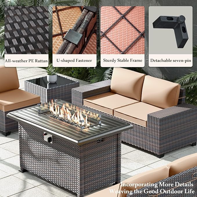 Outdoor Patio Furniture Set with Propane Fire Pit Table, 13 Pieces Outdoor Furniture Patio Sectional Sofas Conversation Sets w/ETL Approved 43" Gas Outdoor Fire Table & Coffee Table (Brown).