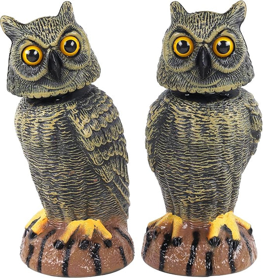 Hausse 2 Pack Bird Scarecrow Fake Owl Decoy Sculpture, 10.6 Inch Height Golden Rotating Head Plastic Owl Bird Deterrents, Nature Enemy Horned Pest Repellent for Outdoor Garden Yard