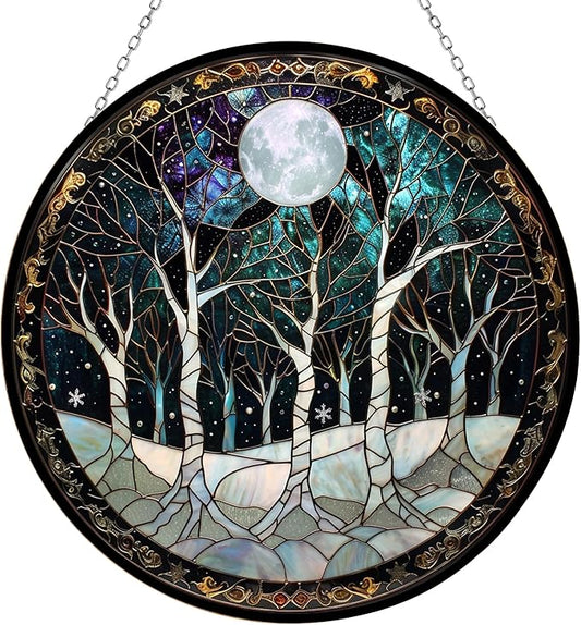 Snow Stained Glass Window Hanging Christmas Tree Winter Snow Night Scenery 6.3" - Suncatcher Door Garden Kitchen Sun Catcher Home Decor Birthday for Mom Men Woman Friend Family