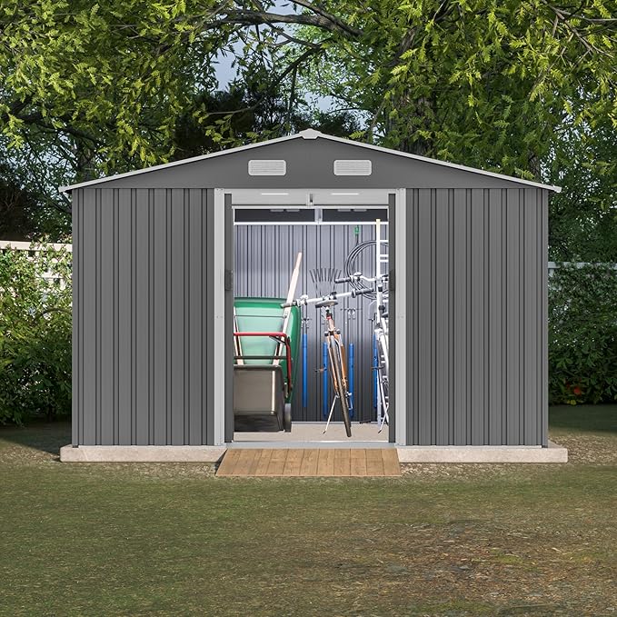 10X8 FT Outdoor Storage Shed W/Lockable Sliding Doors,Metal Shed W/Sloped Roof & Air Vents,All Weather Garden Tool House for Backyard Patio Lawn,Gray