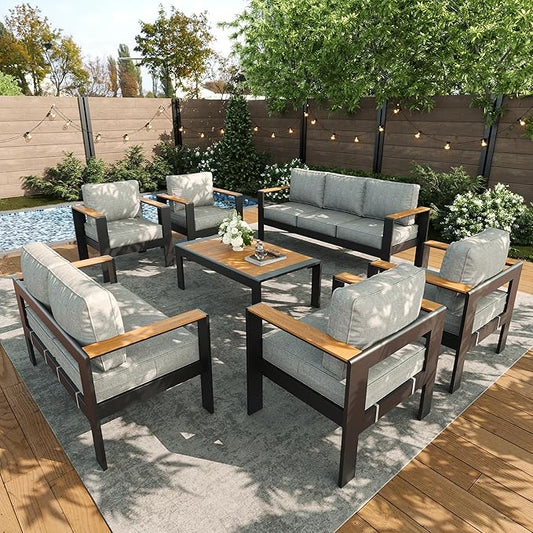 LayinSun 7 Piece Aluminum Outdoor Furniture Set with Coffee Table, Outside Patio Deep Seating Conversation Set with Upgraded Washable Thick Cushion