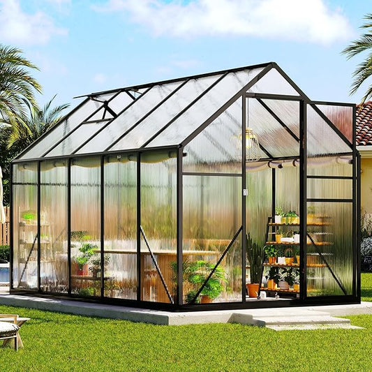 Amerlife 6x10x6.3 FT Outdoor Polycarbonate Greenhouse, Walk-in Aluminum Frame Structure with Dual Windows & Swing Door, Heavy-Duty Garden Building in Black