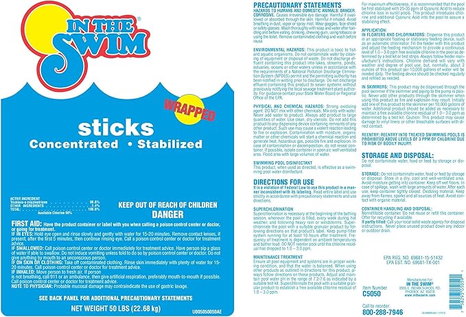 In The Swim 4 Inch Chlorine Sticks for Sanitizing Swimming Pools - Individually Wrapped, Slow Dissolving, Stabilized Chlorine Sanitizer - 90% Available Chlorine, 99% Trichlor - 50 Pounds