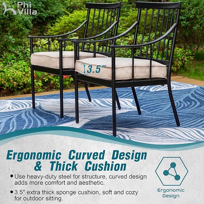 PHI VILLA 7 Piece Outdoor Dining Set with Cushion, 60” Rectangular Metal Dining Table with Umbrella Hole & 6 Cushioned Iron Chairs for Patio, Deck, Yard