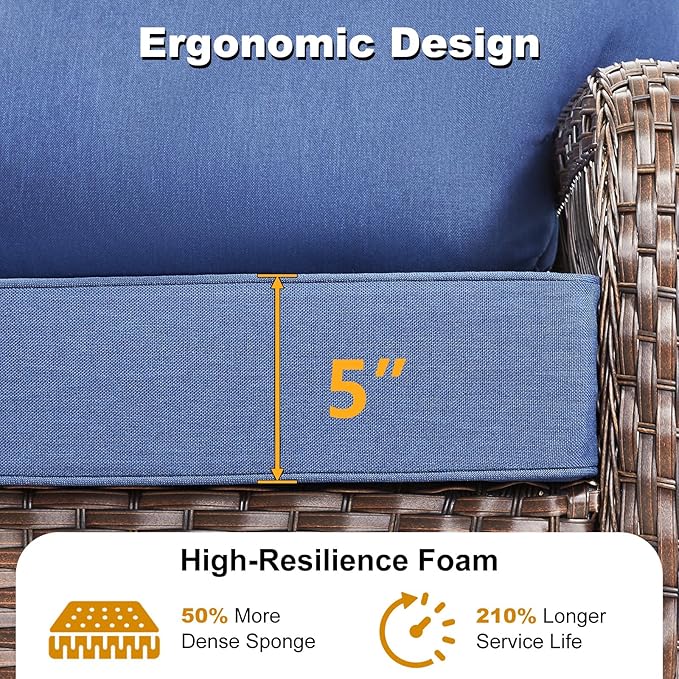 9 Pieces Patio Furniture Set Outdoor Sectional Sofa Couch with Rocking Swivel Chairs 5" Deep Seat Chairs, Modern Wicker Rattan Conversation Set, Blue/Brown Wicker