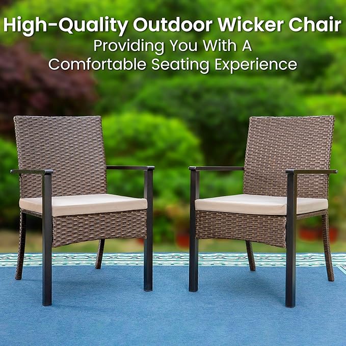 PHI VILLA 7 Pieces Patio Dining Set with Umbrella for 6, 60” Large Metal Iron Dining Table & Cushioned Rattan Wicker Chairs & 13ft Red Umbrella for Patio, Deck, Yard, Porch