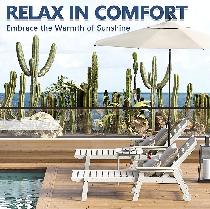 Patio Chaise Lounge Chair, HDPE Outdoor Lounge Chairs with 5-Position Adjustable Backrest, Cup Holder and Wheels, 450lbs Capacity for Poolside Deck Backyard, All Weather Material(White)