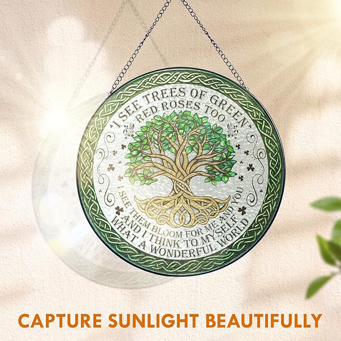FLAGWIX Christmas Tree of Life Gifts for Women Men - Stained Glass Window Hanging 8 in - Birthday Gifts for Friend Family, Tree of Life Decor Suncatchers for Windows Hanging, Celtic Garden Decor