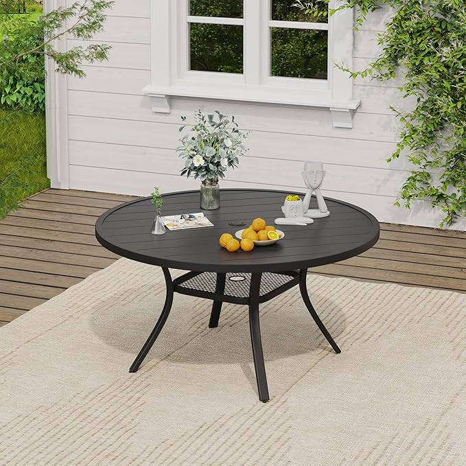 VICLLAX Outdoor Patio Round Dining Table, 47"x 47" Metal Slatted Round Tabletop with Adjustable Umbrella Hole for Deck Lawn Garden Backyard, Black