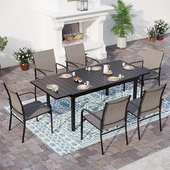 7 Piece Patio Dining Set for 6, Rectangular Metal Extendable Table with 6 Brown Dining Chairs, Patio Table and Chairs for Backyard Lawn,Deck