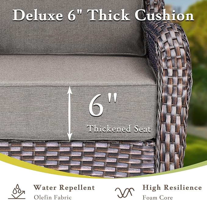 Luxury High Back Outdoor Furniture with 6-inch Extra Thick Cushions, Patio Furniture Set with Swivel Chairs, 4 PCS Wicker Conversation Set for Yard, Deck, Poolside, Brown/Grey