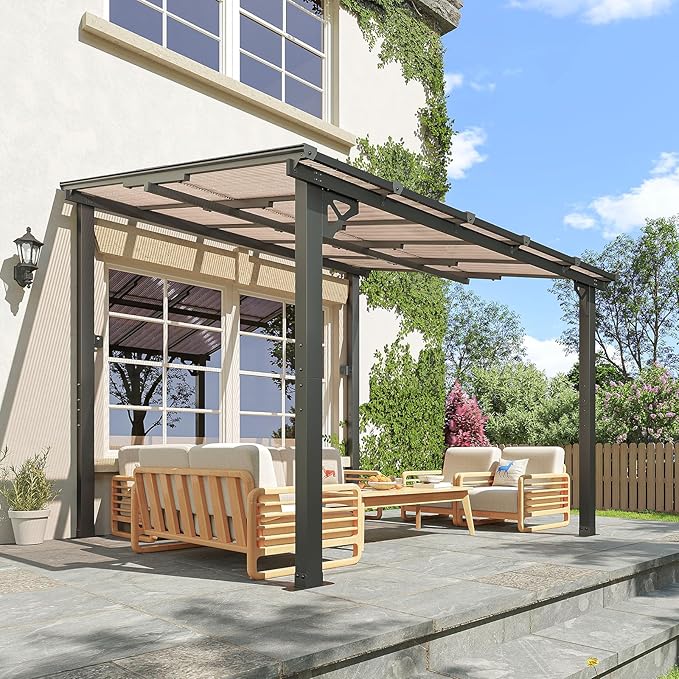 10x10FT Lean to Gazebo, Hardtop Metal Pergola with Polycarbonate Roof, Large Wall Mounted Heavy Duty Awnings, Patio Canopy for Backyard, Deck, Porch