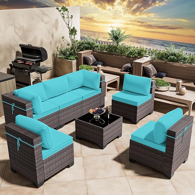 Outdoor Patio Furniture Set, 7 Pieces Outdoor Furniture All Weather Patio Sectional Sofa PE Wicker Modular Conversation Sets with Coffee Table,6 Chairs & Seat Clips(Turquoise Blue)