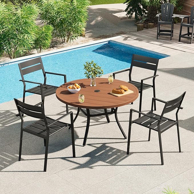 VICLLAX 40.6" Round Metal Outdoor Dining Table for 4, Patio Table with Umbrella Hole and Storage Shelf for Garden, Lawn, Deck, Walnut