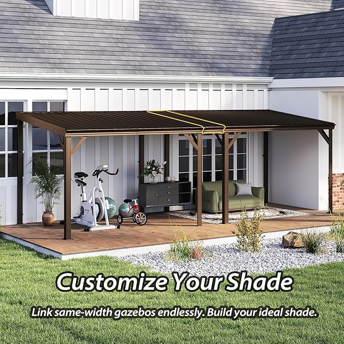 Domi 10'x10' Lean to Gazebo Hardtop, Expandable Wall Mounted Pergola with Gutters & Galvanized Steel Roof, 60MPH Wind Resistance, Outdoor Heavy Duty Metal Awning for Patio, Deck, Backyard - Brown