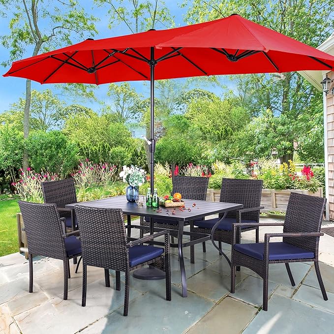 PHI VILLA 7 Piece Patio Dining Set with Umbrella, 60” Rectangular Metal Dining Table & 6 Cushioned Rattan Wicker Chairs & 13ft Large Red Umbrella for Outdoor, Deck, Yard, Porch