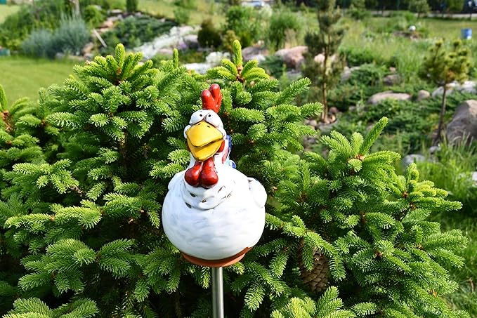 Ceramic Garden Decor - Rooster Lawn stake - Outdoor statue - Perfect, unique gifts for gardeners woman, men, yard gifts - Handmade, Frostproof