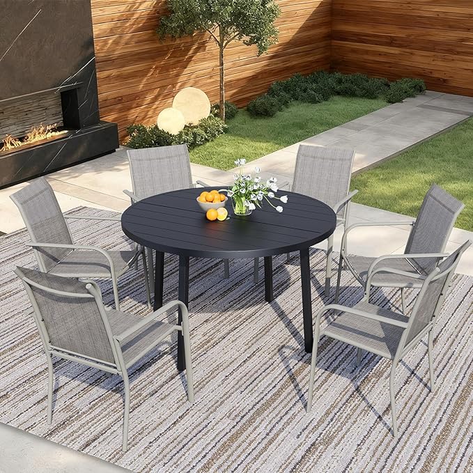 7 Pieces Round Dining Table Set for 6, Patio Dining Set Includes 6 Grey Stackable Patio Chairs and 1 Black Round Table Set of 6, Patio Furniture Sets with Sling Support for Outside, Garden