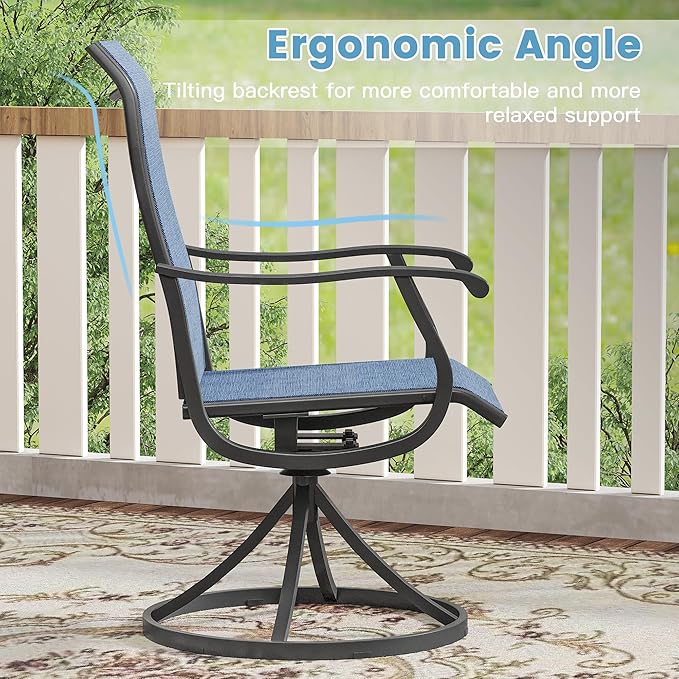 DIFY 5 Pieces Outdoor Patio Dining Set for 4, 37.8" Black Metal Square Dining Table and 4 Blue Textilene Patio Swivel Chairs, Outdoor Table and Chairs