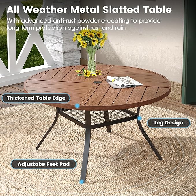 DIFY 7 Pieces Outdoor Patio Dining Set, 6 Brown Textilene Swivel Dining Chairs and 47.2" Walnut Round Metal Dining Table, Outdoor Table and Chairs