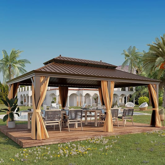 14' X 20' Hardtop Gazebo, Outdoor Galvanized Steel Double Roof Permanent Aluminum Frame Pavilion Pergola Canopy with Privacy Curtains for Garden, Patio, Backyard, Deck and Lawns.