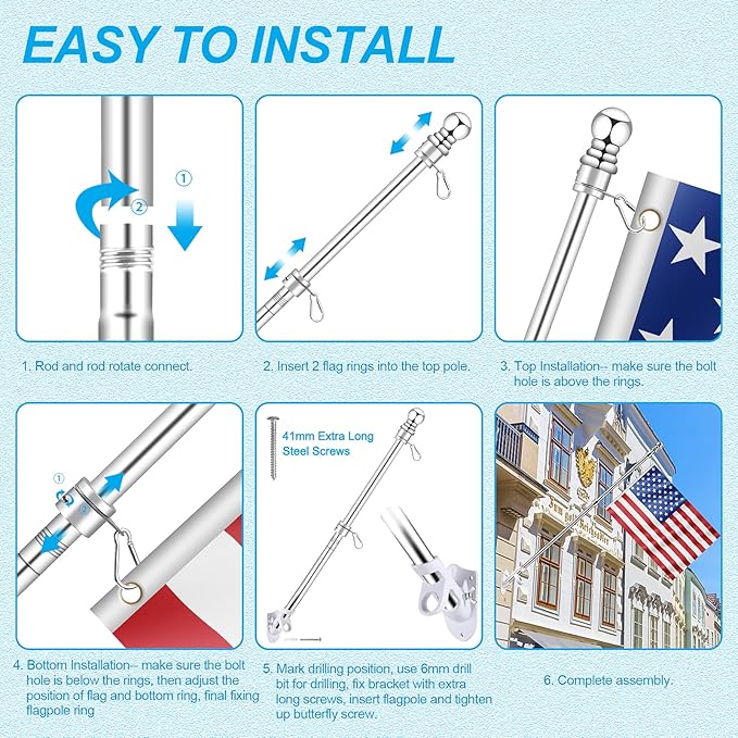 6 FT Metal Flag Pole Kit for Outside House w/ 2-Position Holder Bracket & 360° Rotating Flagpole Rings, 1" Stainless Steel Spinning Outdoor Porch Wall Mounted Flag Poles for 3x5 4x6 Flag(6 FT, Silver)