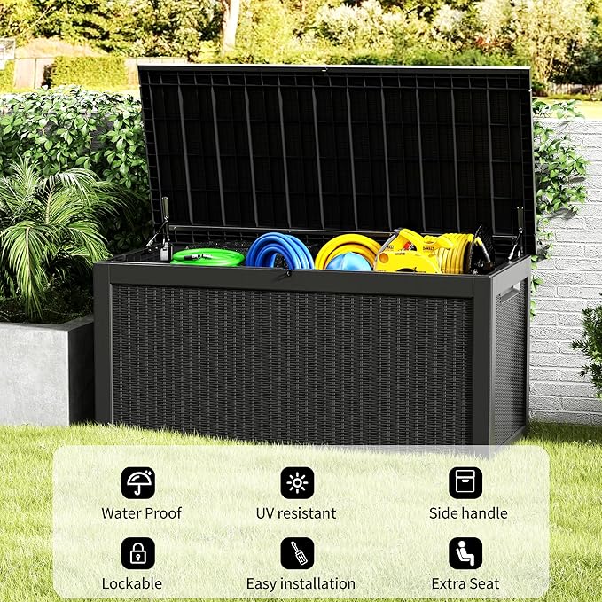 320 Gallon Deck Box, Resin Outdoor Indoor Waterproof Storage Box, Lockable Storage Box With Handle for Patio Furniture - Garden Tools - Swimming Pool Tools UV-Resistant - Black