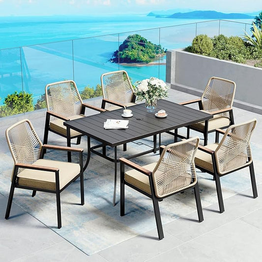 7 Pieces Patio Dining Set, 6 x Woven Rattan Chairs with Waterproof Cushion, 59" Rectangular Metal Dining Table with Umbrella Hole, Outdoor Table and Chairs Set for Backyard Lawn and Deck, Beige