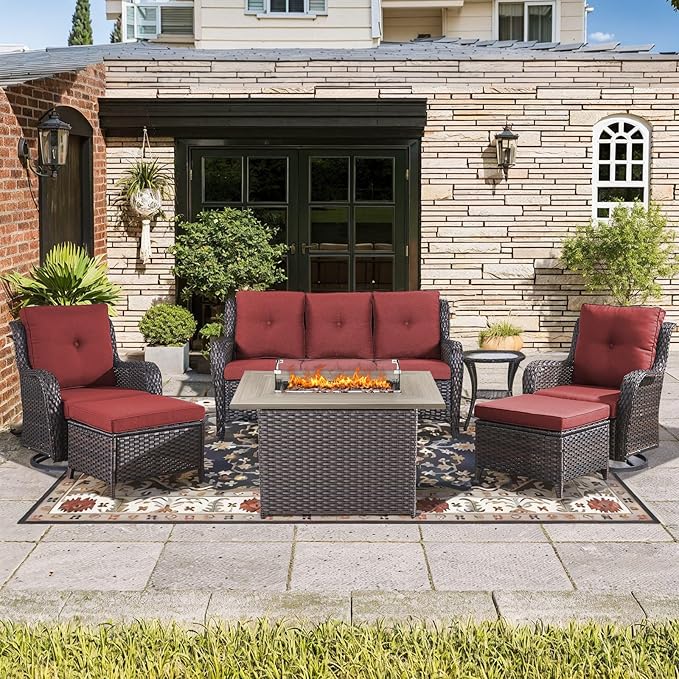 Wicker Outdoor Conversation Se with 50,000 BTU Gas Propane Fire Pit Tablet-7 Pieces Outdoor Wicker High Back Couch Patio Furniture for Deck Poolside Backyard