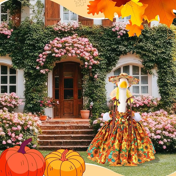 Fall Thanksgiving Goose Outfit Sunflower Porch Goose Costume with Hat Necklace for 23 Autumn Patio Yard Lawn Decor(Sunflower)
