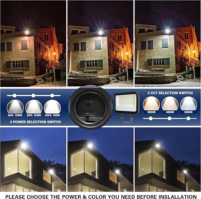 LAMPHOME LED Flood Lights Outdoor 100/120/150W W and 3000/4000/5000K Adjustable 19500Lm,Dusk-to-Dawn Sensor o Dawn Flood Light for Yard, Garage, Garden,UL Listed,Includes Include Slip Fitter Mount
